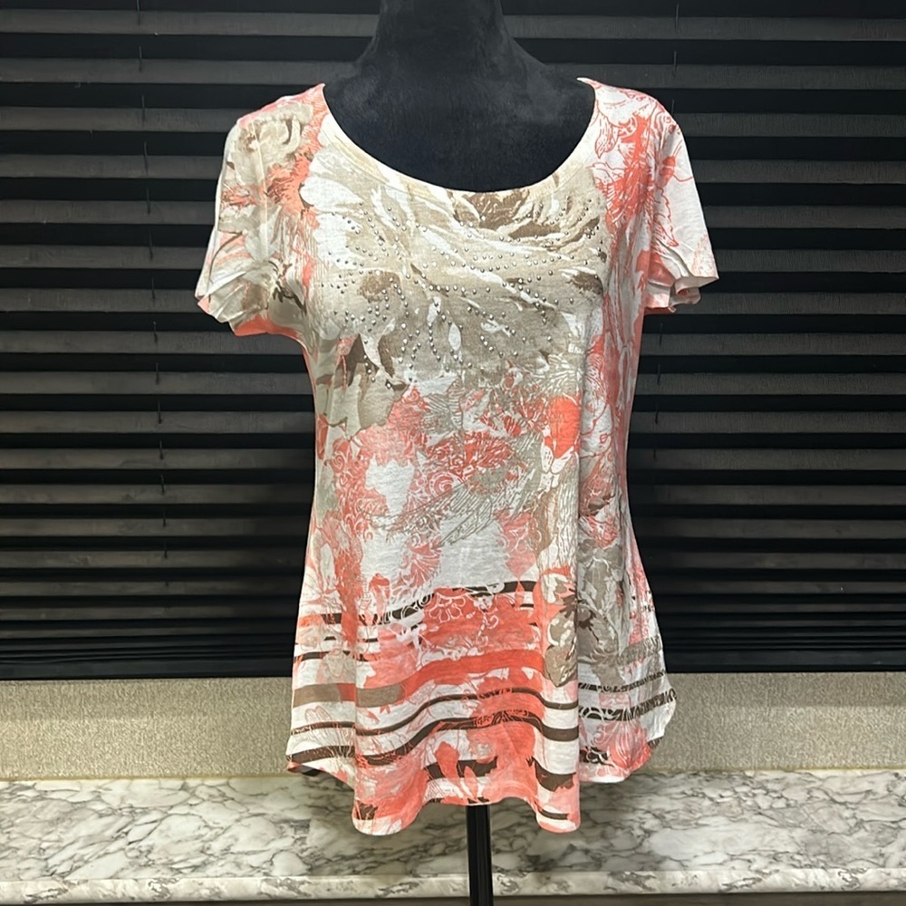 Style & Co Women’s Pink Floral w Rhinestone Accents Scoopneck T-Shirt Petite Med
